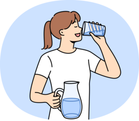 Woman drinks clean water from glass to refresh herself and saturate body with mineral aqua with vitamins. Girl with jug of water in hands, taking care of health, trying to avoid dehydration