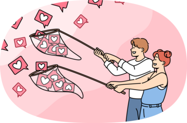 Bloggers catch likes from subscribers using butterfly nets, wanting to be popular and recognizable on internet. Bloggers are trying to collect more reactions from visitors to social networks