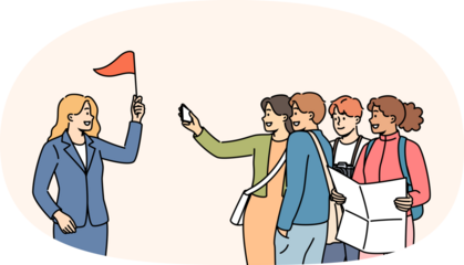 Crowd of tourists follows guide with red flag, telling about sights of city and interesting historical events. Happy tourists participate in group excursion while traveling around world