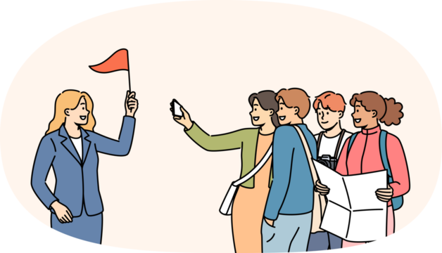 Crowd of tourists follows guide with red flag, telling about sights of city and interesting historical events. Happy tourists participate in group excursion while traveling around world