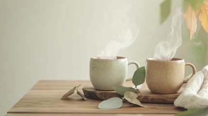 Delicate handmade ceramic mugs rest on a wooden table, accompanied by fragrant herbal tea and seasonal leaves, radiating cozy serenity.