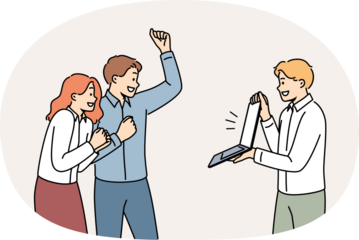 Overjoyed team of business people motivated for success looks at laptop and celebrates excellent result. Manager shows computer to two clerks rejoicing over fulfillment of corporation business kpis