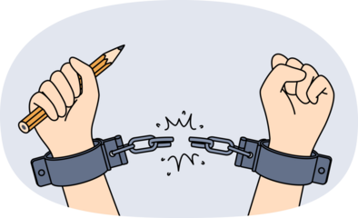 Hands of handcuffed reporter at moment of liberation, holding pencil to write honest investigative journalism. Liberation of man from shackles, as metaphor for emergence of free mass media