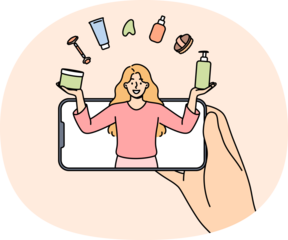 Woman beauty blogger juggles with cosmetics, looking out from mobile phone screen, giving tips on applying makeup. Girl beauty blogger tells lifehacks for facial skin care or getting rid of wrinkles
