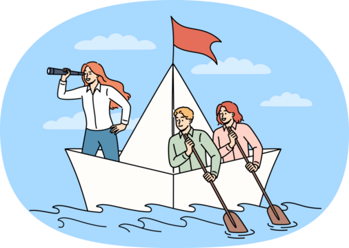 Woman crisis manager leads team during storm, standing on paper ship and holding shameful trumpet.. Girl leader works as crisis manager inspiring colleagues to do excellent work and solve problems