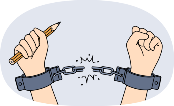 Hands of handcuffed reporter at moment of liberation, holding pencil to write honest investigative journalism. Liberation of man from shackles, as metaphor for emergence of free mass media