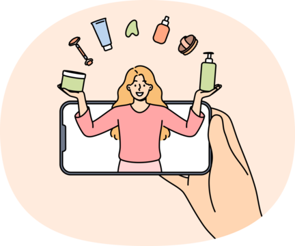 Woman beauty blogger juggles with cosmetics, looking out from mobile phone screen, giving tips on applying makeup. Girl beauty blogger tells lifehacks for facial skin care or getting rid of wrinkles