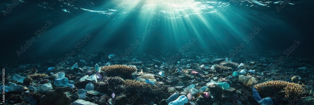 Poster underwater habitat suffering from coral degradation and pollution with plastic waste illuminated by 