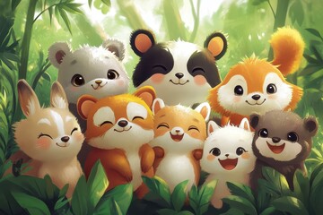 Naklejka premium Adorable animal friends gathered in a lush green forest happy together