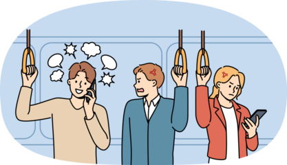 Man talks loudly on phone on bus, demonstrating disrespect for other public transport passengers. Tactless guy breaks silence and angers people on bus or tram due to lack of upbringing