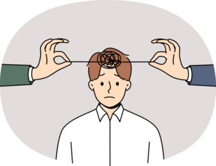 Problems with psychological health in man with tangled threads on head and hands of friends trying to untangle lump. Psychological disorder and insanity in business guy in need of psychotherapist