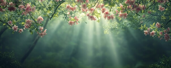 Dreamy forest canopies adorned with vibrant blossoms and gentle light rays, inviting exploration and igniting wonder in a serene natural setting.