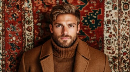 A handsome man with a strong gaze is dressed in a stylish brown coat, lying on a vibrant rug, exuding a sense of confidence, fashion, and artistic expression through his pose and attire.