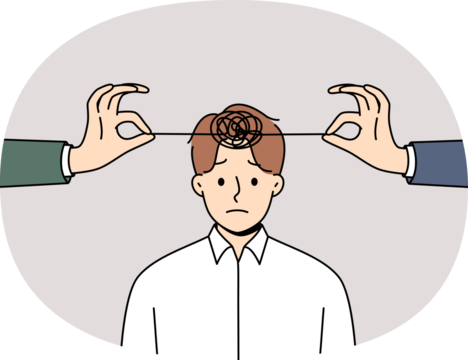 Problems with psychological health in man with tangled threads on head and hands of friends trying to untangle lump. Psychological disorder and insanity in business guy in need of psychotherapist - Powered by Adobe