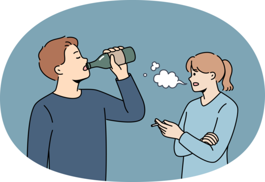 People with harmful addiction destroy health due to inability to give up drinking beer and alcohol. Man and woman experience addiction and see antisocial lifestyle using liquor and tobacco