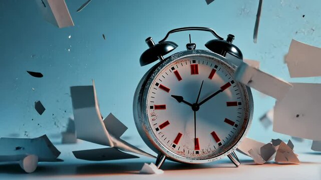 A dynamic scene featuring a vintage alarm clock amidst exploding geometric shapes, symbolizing time's impact