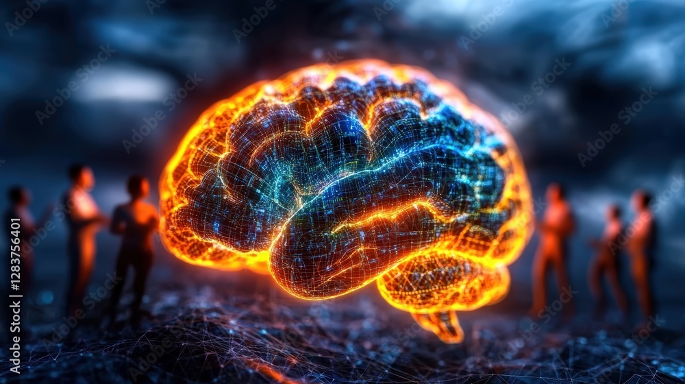 Poster healthcare team analyzing ai-generated data with a brain illustration and people standing around it