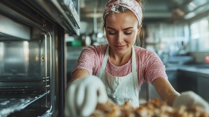 A dedicated baker skillfully prepares delicious pastries in a bright, modern kitchen, surrounded by flour and baking tools, showcasing her culinary talent and passion.