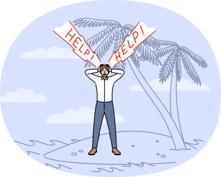 Business man shouts help standing on desert island, as metaphor for dismissal or bankruptcy. Panicking guy needs help to start over after startup collapses and financial recession.