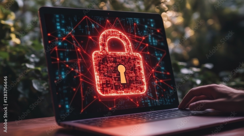 Poster laptop with padlock and digital lock icon displayed on the screen representing cybersecurity and pro