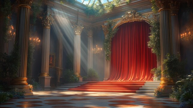 Sunlit, grand hall, red curtain, overgrown
