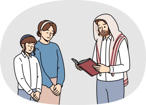 Religious jewish man reads torah to wife and son on eve of hanukkah or passover. Jewish family of father and mother together with child reading prayer and prophecies from holy book