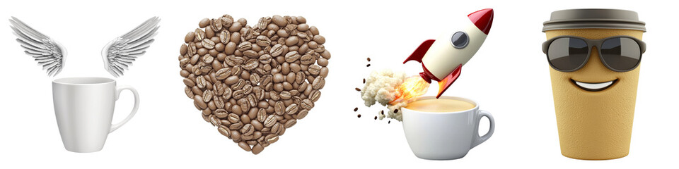 coffee lover and clipart concept. Creative coffee-themed collage with playful elements like wings, hearts, and a rocket. on Transparent background.