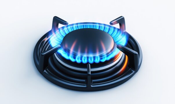 Gas stove burner with blue flame on white background, for cooking