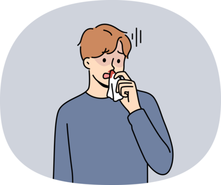 Blood from nose in sick man suffering from intracranial pressure or dangerous virus that reduces stability of vessels. Blood from nose causes stress and discomfort in guy holding nasal tissue