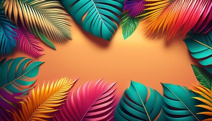 Tropical vibes banner. A tropical design with palm leaves and bright colors, leaving an area in the middle for a personalized message