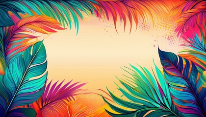 Fototapeta premium Tropical vibes banner. A tropical design with palm leaves and bright colors, leaving an area in the middle for a personalized message