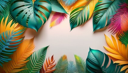 Tropical vibes banner. A tropical design with palm leaves and bright colors, leaving an area in the middle for a personalized message