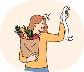 Huge bill for healthy food shocks woman who opens mouth, reading store receipt. Girl with bag healthy food products, disoriented due to sharp inflation of costs for organic fruits and vegetables.