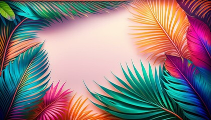 Tropical vibes banner. A tropical design with palm leaves and bright colors, leaving an area in the middle for a personalized message