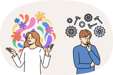 Pragmatic and creative thinking between two people using different ways of solving problems. Difference between man and woman thinking, for example guy with mechanism and girl with flowers above heads
