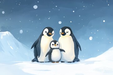 Naklejka premium Penguin Family Winter Snow Cute Animals
