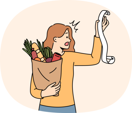 Huge bill for healthy food shocks woman who opens mouth, reading store receipt. Girl with bag healthy food products, disoriented due to sharp inflation of costs for organic fruits and vegetables.