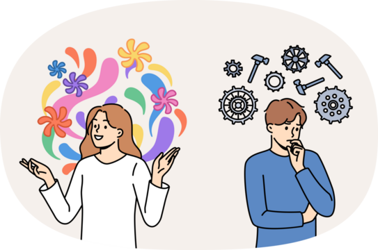 Pragmatic and creative thinking between two people using different ways of solving problems. Difference between man and woman thinking, for example guy with mechanism and girl with flowers above heads