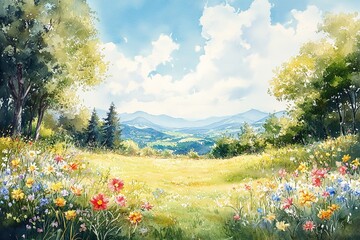 A watercolor depiction of a bright spring day, featuring wildflowers and trees in full bloom.