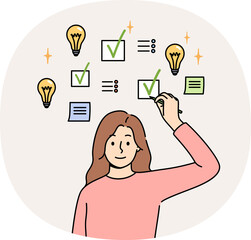 Woman making task management to achieve productivity, and makes mark in checkbox above head. Young...