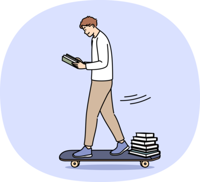 Guy student reads book and rides skateboard, preparing for exam on way home from college