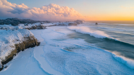 Fototapeta premium Waves crashing on snowy cliffs at sunset coastal landscape aerial view natural beauty serene environment