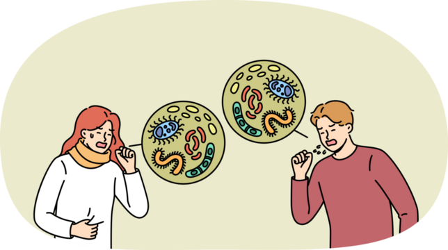 Cough and fever in older men and women victims of viral influenza and diseases spread by respiratory route. Fever was contracted by people with weak immune systems unable to resist harmful microbes.