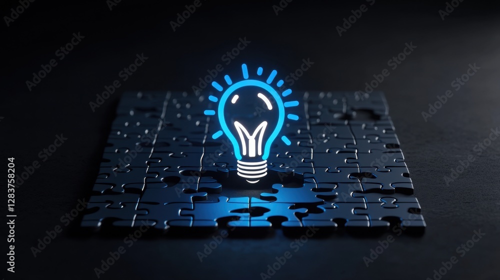 Poster bright blue light bulb on puzzle pieces symbolizing problem solving and creative thinking in a dark 