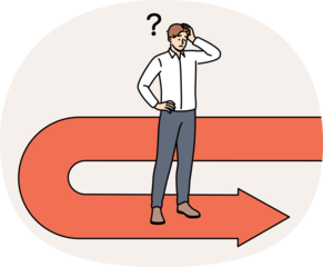 Frustrated businessman has fallen victim to crisis and is forced to move backwards to avoid bankruptcy, scratching head. Sad manager stands on red arrow back symbolizing recession and crisis