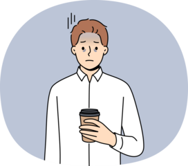 Tired business man suffering from exhaustion and burnout and holding paper cup of coffee in hands. Problems exhaustion among office employee experiencing health difficulties due to constant overtime