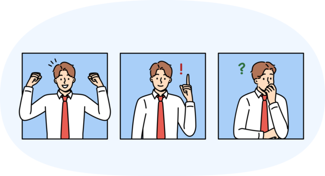 Business man thinks about question and rejoices after finding solution or having good idea. Successful guy in office employee thinks about professional problem and then waves hands positively