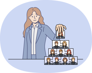 Woman recruiter is engaged in team building and creating corporate governance structure. Team building process from ceo of company, putting puzzles from employee portraits into pyramid