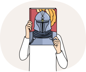 Book with knight on cover in hands of man covering face, reading literature about medieval soldiers. Man pretends to be knight in armor, dreaming of participating in gladiatorial tournaments.