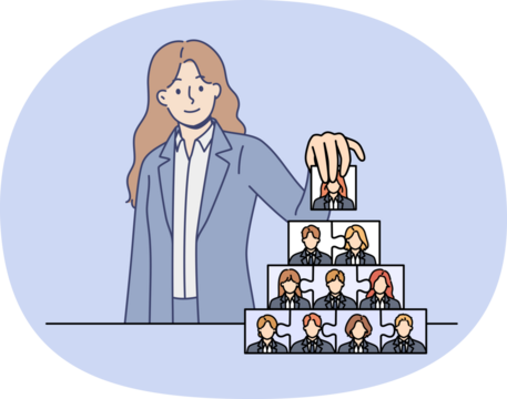 Woman recruiter is engaged in team building and creating corporate governance structure. Team building process from ceo of company, putting puzzles from employee portraits into pyramid